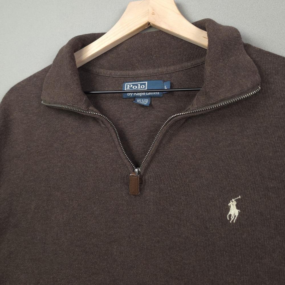 Polo Ralph Lauren Men's L Brown Heather Estate Rib 1/4 Zip Pullover Sweater Knit